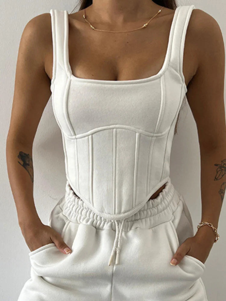 Women Solid 3 Piece Tracksuit Set Cropped Hoodie Corset Waist Vest Wide Leg Pants Casual Autumn Lady Streetwear Matching Outfits