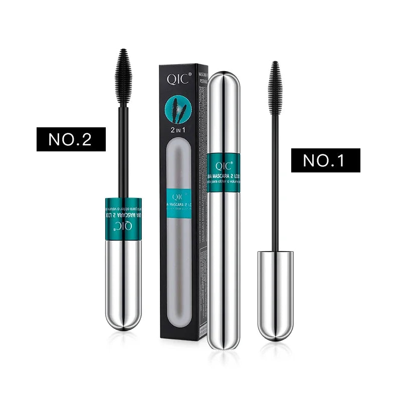 2-in-1 Double-Ended 4D Silk Fiber Mascara Quick Dry Waterproof Thick Curling Silver Tube Eyelash Mascara for Instant Volume