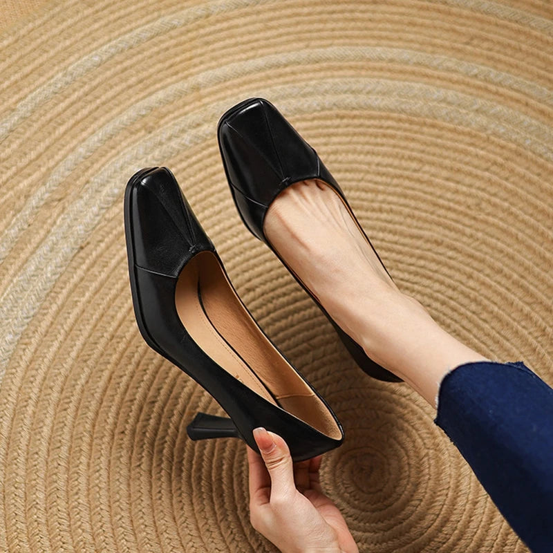 NEW Spring/Autumn Women Pumps Genuine Leather Shoes for Women Square Toe Thin Heel Shoes Concise Shallow High Heel Pleated Shoes