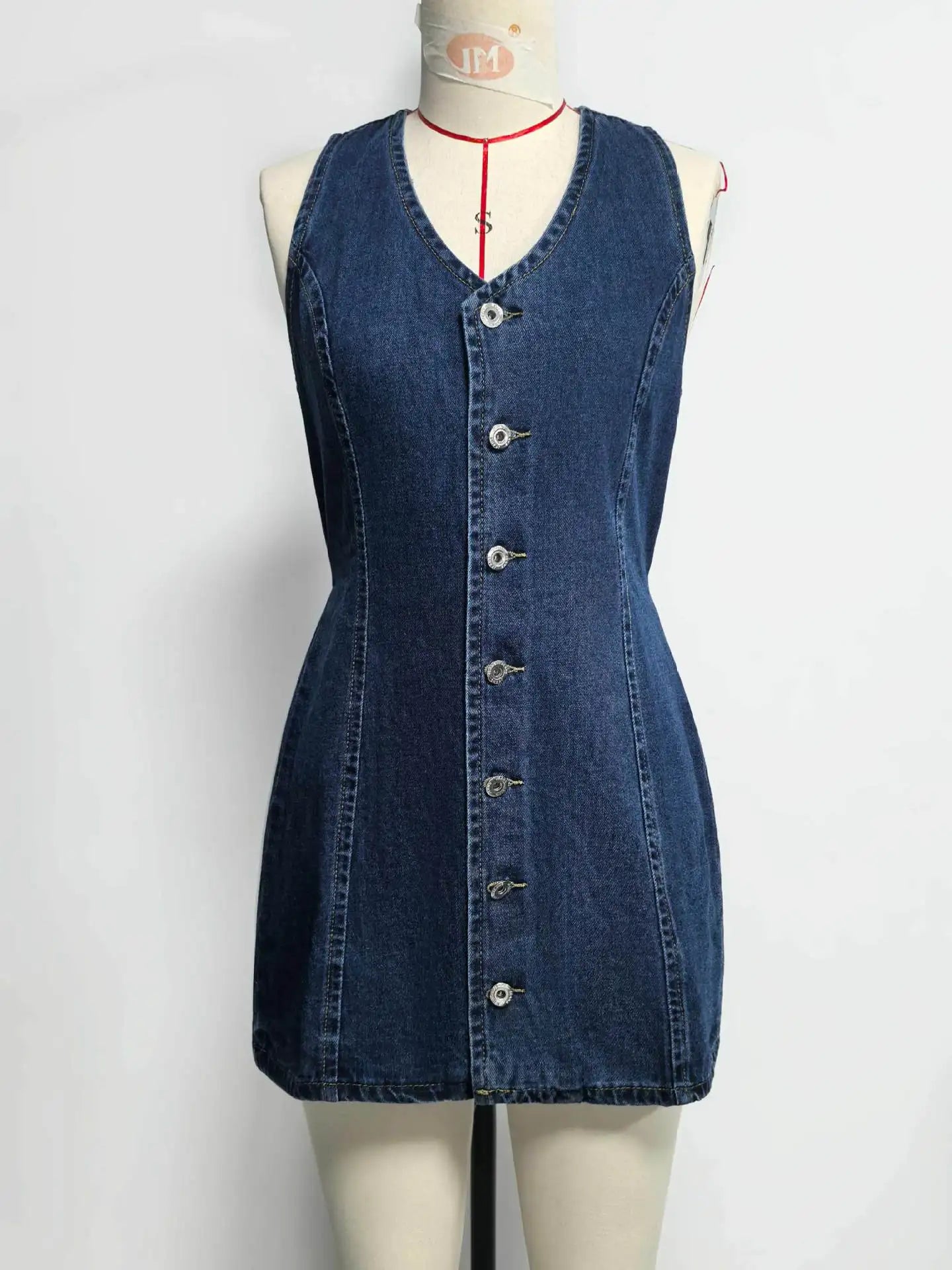Women's Retro Spicy Girl Design Sleeveless Denim Dress Spring Summer Washed Denim Short Skirt High Waist V-neck Dress for Women