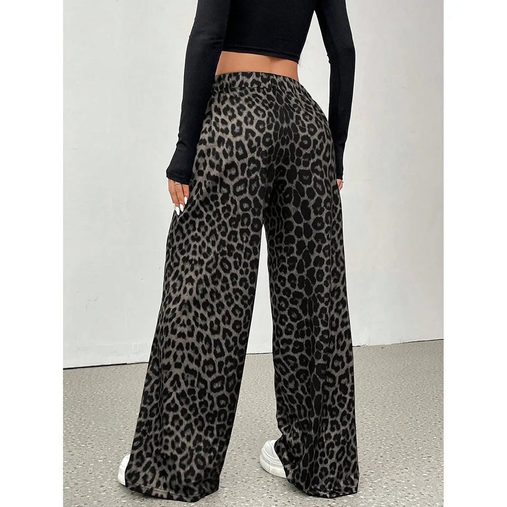 GG Women Leopard Print Wide Leg Pants Elastic High Waist Loose Casual Trousers Streetwear Y2K Fashion Long Palazzo Pants