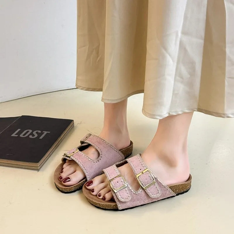 Women's Flat Slide Sandals Open Toe Suede Look Double Buckle Strap Slip on Whipstitch Detail Casual Summer Daily Walking Shoes