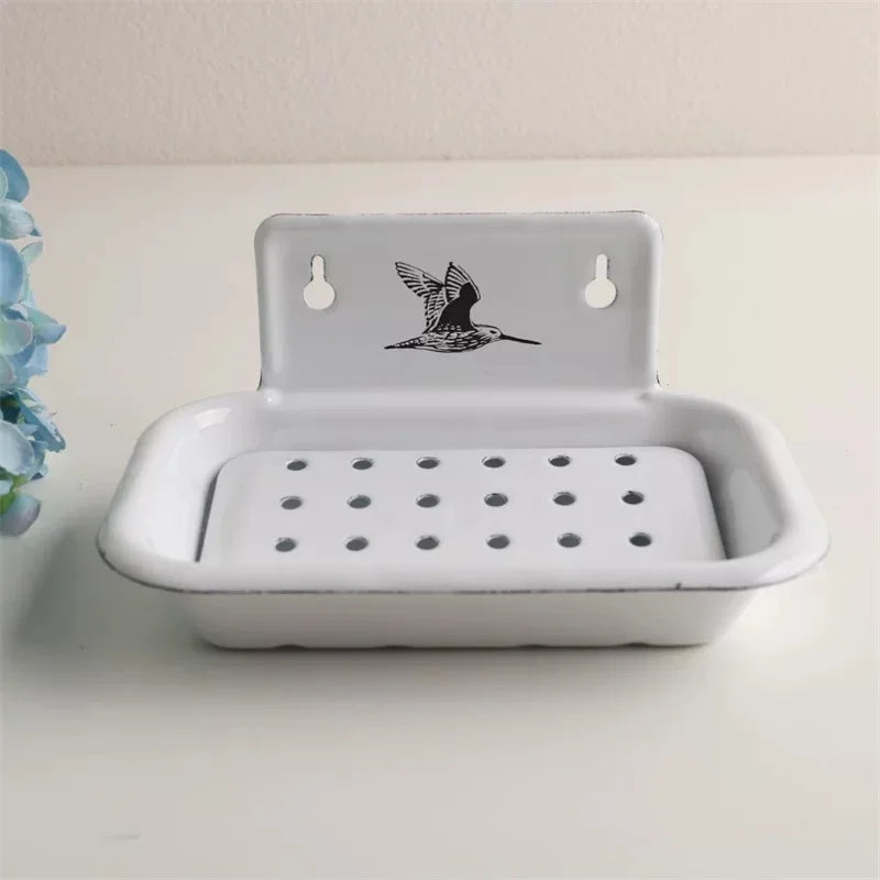 Vintage Enamel Soap Dish with Wall Mount, White, 6.1 X 3.9 X 3 Inches, Multiple Decorative Patterns