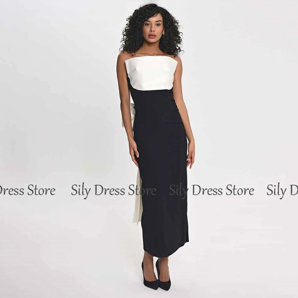 Formal Women's Cocktail Party Dresses Jersey and Satin Column Homecoming Dress Black and White Strapless Bow Draped Prom Dresses
