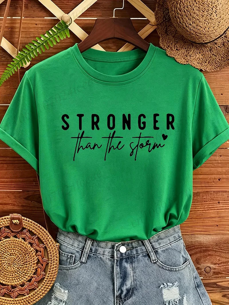Women T‑Shirt Stronger Than The Storm Letter Print Short Sleeve O‑Neck Casual Loose Inspirational Motivational Graphic Tops Tees