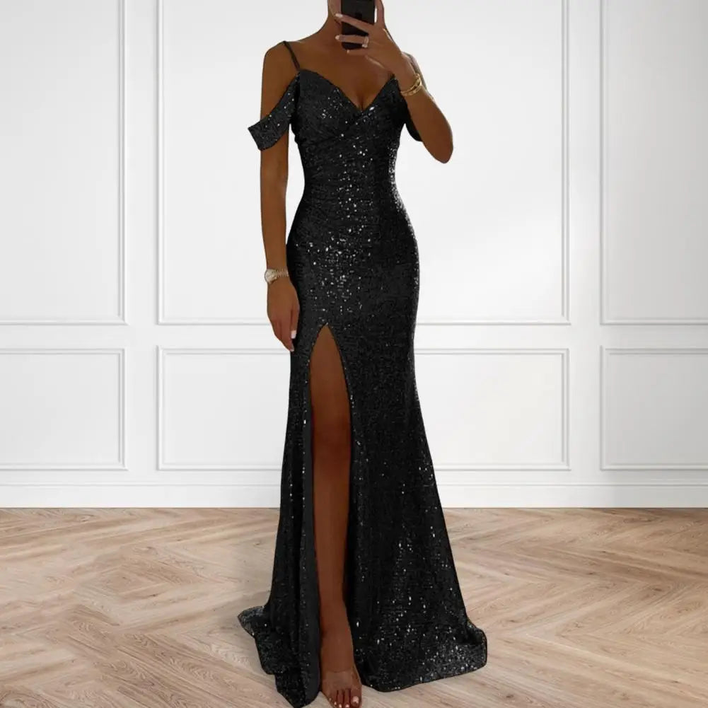 Women Sequin Suspender Dress Off Shoulder V Neck Side Slit Evening Dress Floor Length Sequin Ball Gown Banquet Maxi Dress 80%