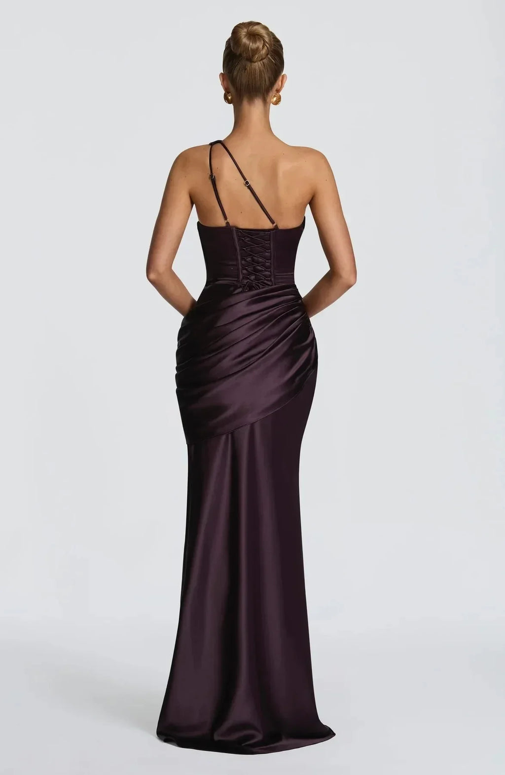 Elegant One Shoulder Satin Long Dress Women Chic Solid Sleeveless Backless Waist Cinching Pleated Dresses  Lady Party Robes New