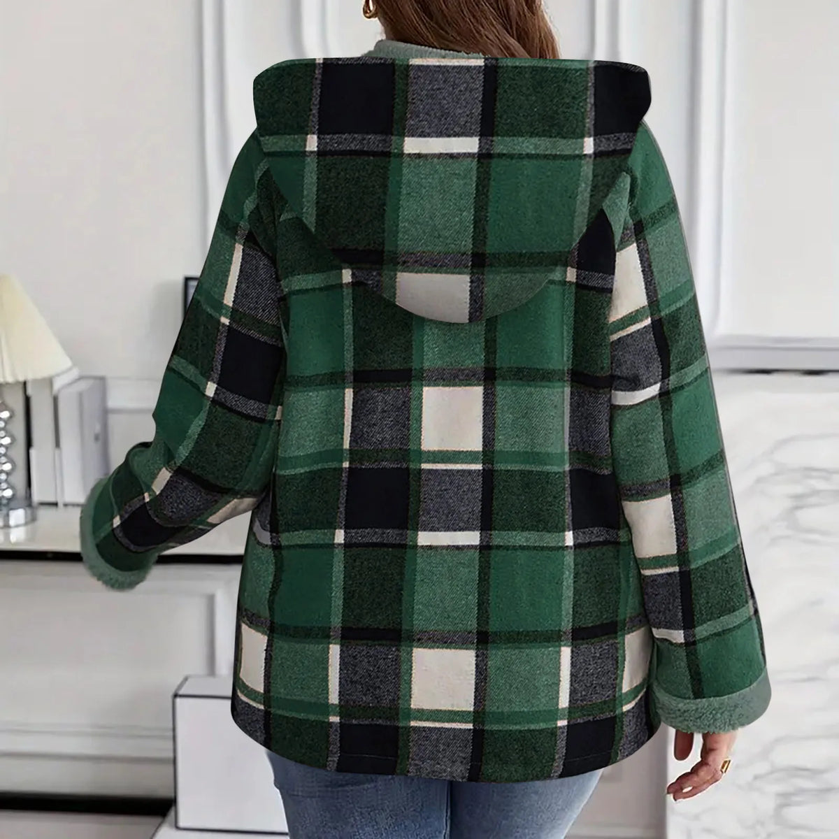 Women's Large Plaid Style Womens Jacket With Hooded Plaid Autumn And Winter Casual Loose Black White Plaid Coat Button Fall Top