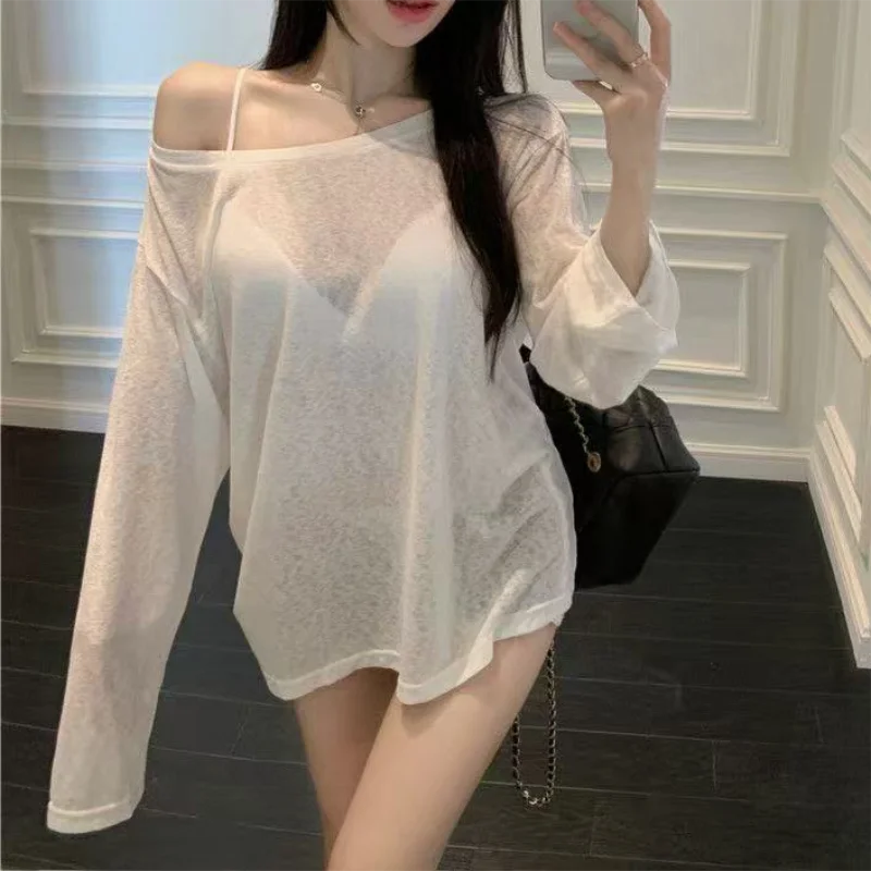 Sexy Sheer Baggy T-shirt for Women 2026 Summer Casual Fashion Loose Pullovers Chic Lazy Solid Color Off Shoulder Top Streetwear