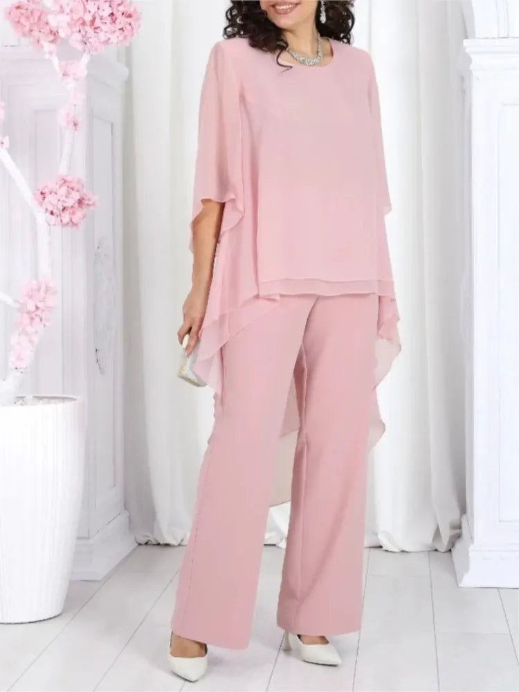Women's Solid Chiffon Two Piece Sets Spring O-neck Mid-Sleeve Layered Ruffled Edges Long Top & Straight-leg Pants Sets Outfits