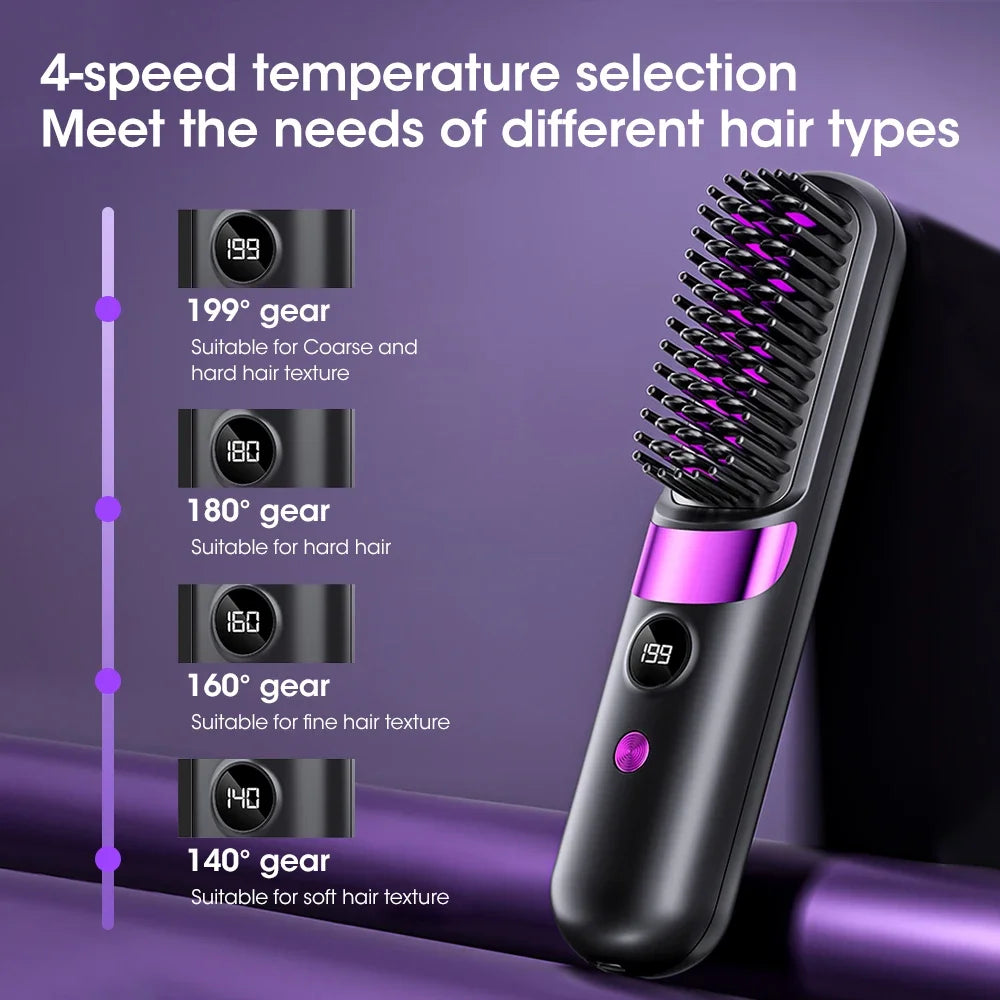 Cordless Hair Straightener 4 Temp LCD Display Anti-scald Hair Straightening Brush Portable Rechargeable Hair Styler Travel Women