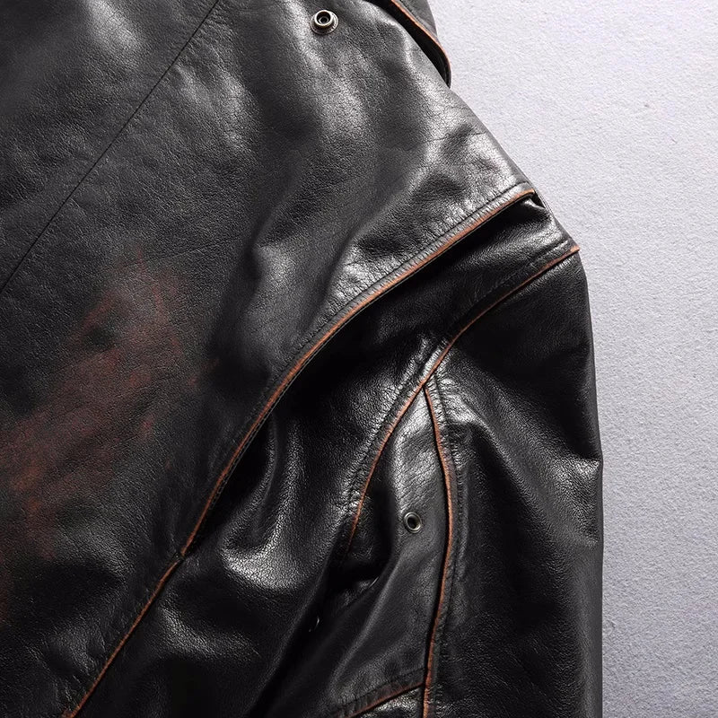 Vintage Black Winter Leather Jacket Men Retro Style Plus Size 5XK Natural Thick Cowhide Diagonal Zipper Genuine Leather Coat