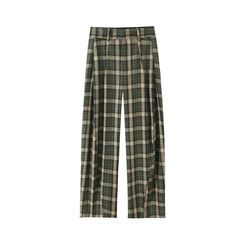 Chic Green Plaid Print Loose Pants Women Casual High Waist Straight Wide Leg Trousers Party Daily Classic Attire 2026 Spring