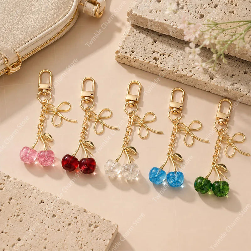 Classic Red Cherry Bow Pendant Keychain for Women Bag Decoration Car Key Chain Fashion Key Rings Party Gift Keychain Accessories