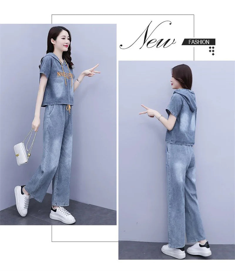 Summer Thin Jeans Set Women Fashion Short Sleeve Hooded Pullover Tops + Elastic Waist Wide Leg Pants 2PCS Female Denim Outfit