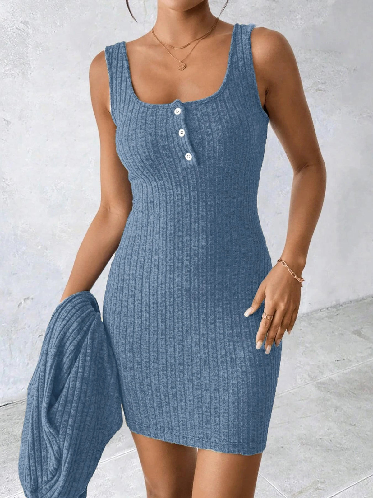 Women Ribbed Knit Two Piece Outfit Square Neck Button Bodycon Mini Dress Long Sleeve Open Front Cardigan Matching Set