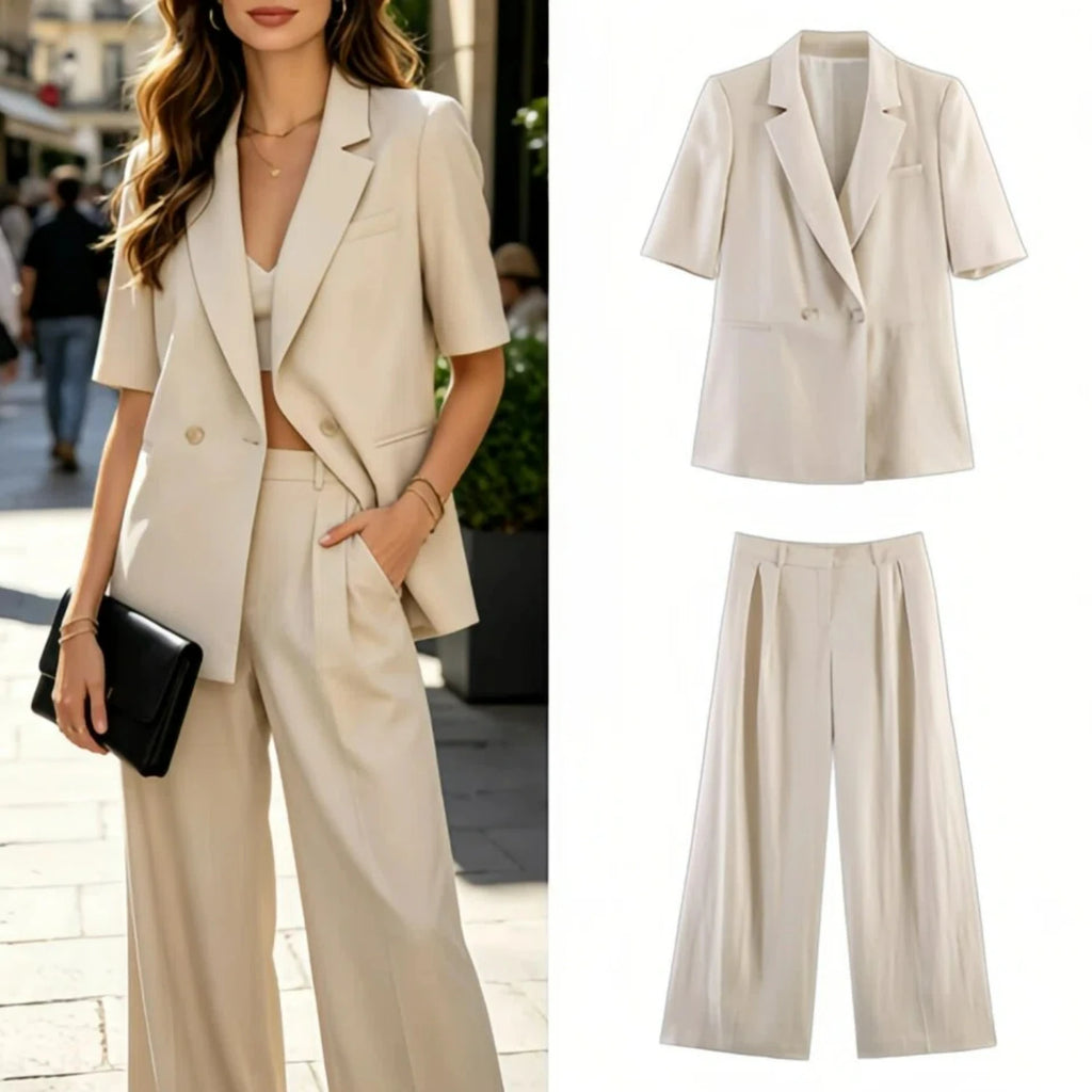 Women's Two Piece Suit Summer 2026 Double Breasted Short Sleeve Blazer High Waist Wide Leg Trousers Female Commute Office Set