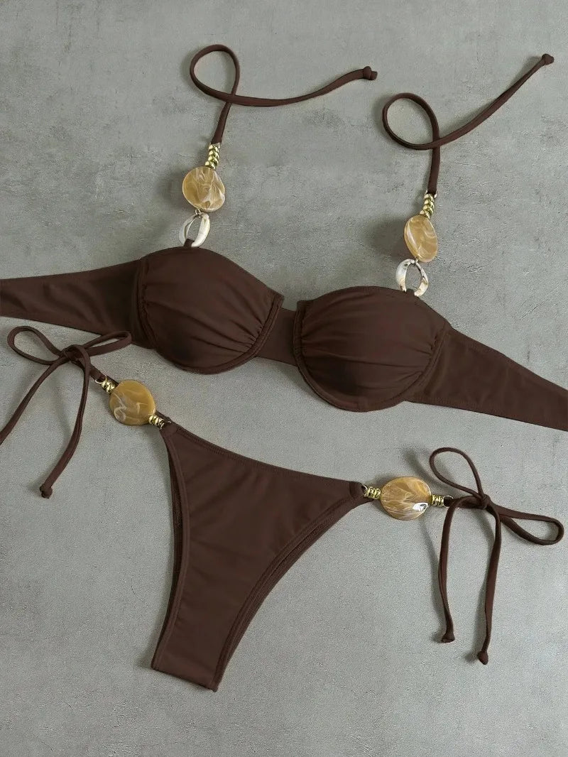 New Women's Sexy Halter Neck Backless Bikini Set Two-Piece Swimwear Solid Color Euro American Style Summer Beach Fashion