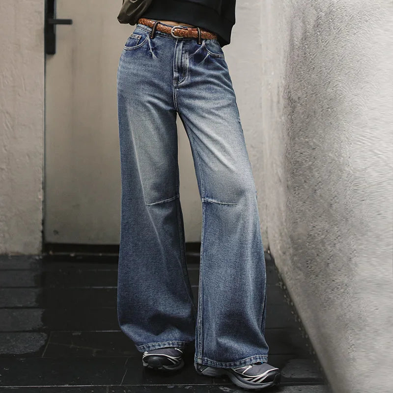 Maden Women's Vintage Low Waist Denim Jeans Heavyweight Washed Casual Long Pants with YKK Zipper for Spring and Autumn