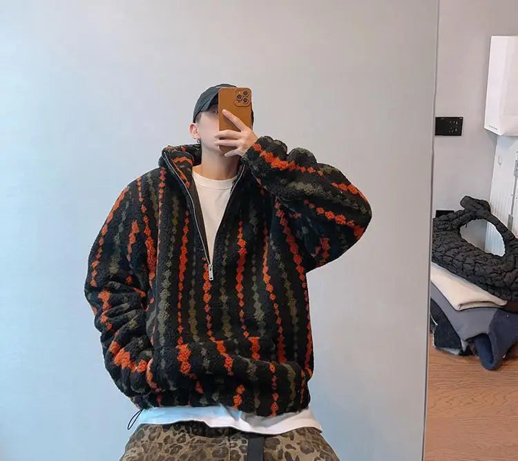 Retro Vertical Striped Autumn Winter Oversized Hooded Overcoat Men's Warm Velvet Loose Casual Half-zip Jackets Male Clothes