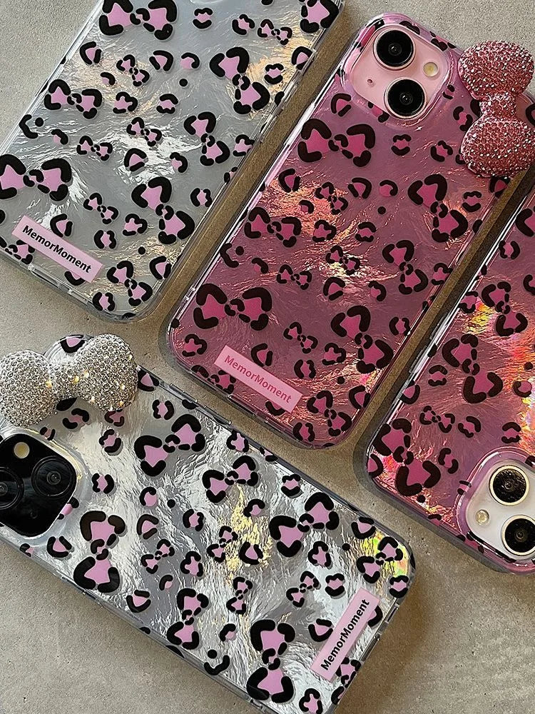 Colorful Leopard Blink Diamond Bowknot Lustre Lining Phone Case for iPhone 16 15 14 Plus 13 Mini 12 Pro Max 11 7 8 SE X XS XR