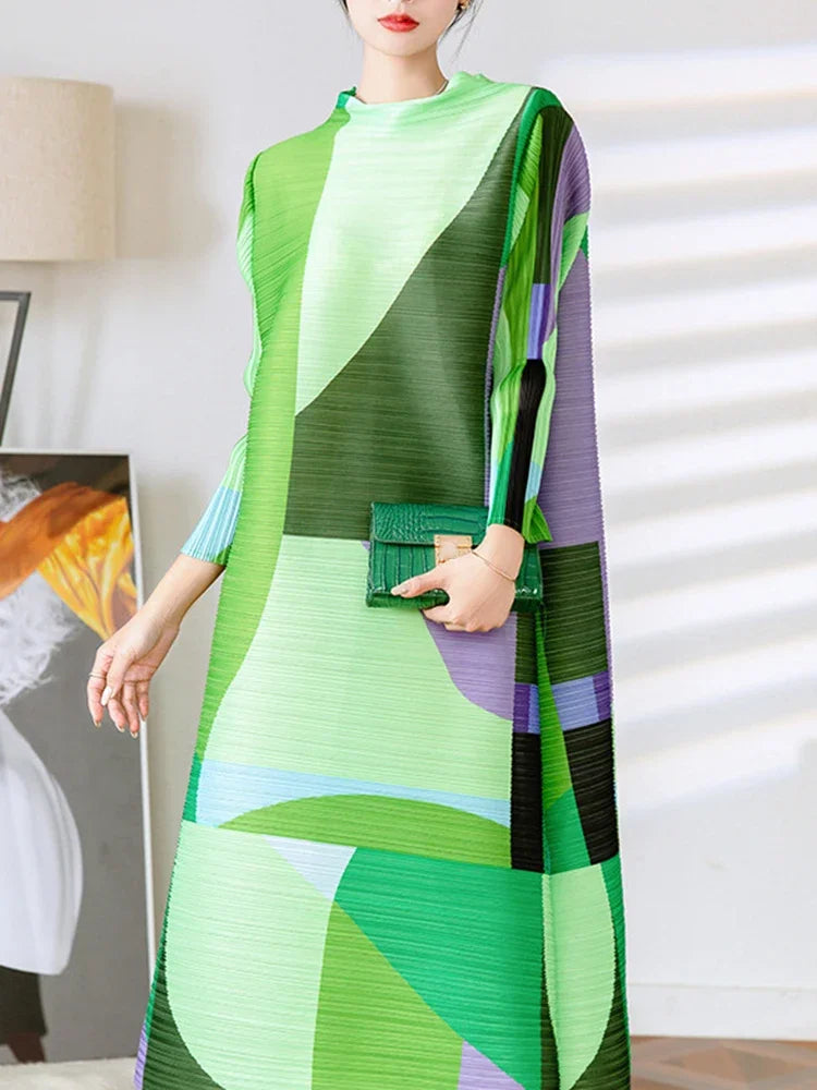 YUDX Miyake Pleated Print Dress For Women Medium Long Stand Collar Niche Design Loose Pullover A Line Female Spring New 2024