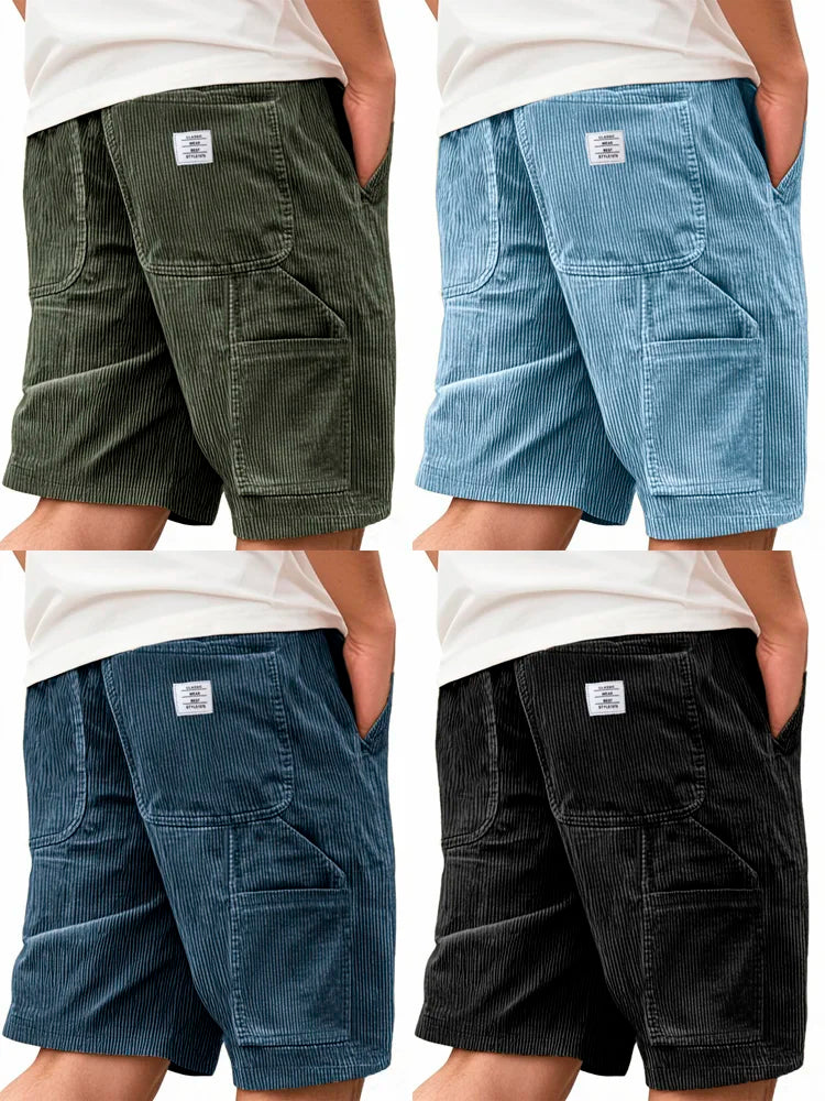 Men's Casual Corduroy Workwear Shorts 2026 Fashion Summer Elastic Waist Multi-Pockets Pants Daily Wear Retro Male Trousers