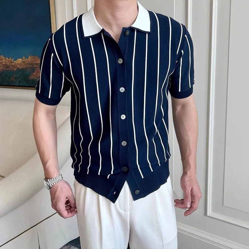 New Men Fashion Knitted Cardigan Tops Casual Patchwork Polo Shirt Leisure Striped Short Sleeve Shirts All-match Breathable Tees