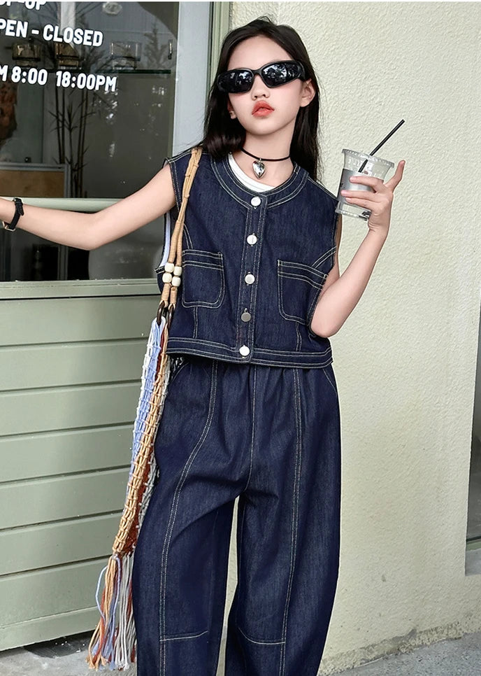Summer teen Girls Denim Set 2024 Child Sleeveless Cowboy vest+Wide leg pants Two Piece junior kid jeans suit child outfits 10 12