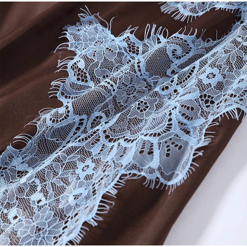 Elegant Lace Patchwork Long Women's Dress Urban Skew-collar Short Sleeve Empire Female Dresses 2026 Summer Vacation Lady Robe