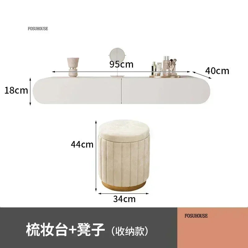 Cream Minimalist Wall Mounted Dressing Table with Mirror for Bedroom Furniture Suspended Vanity Set for Modern Home Decor