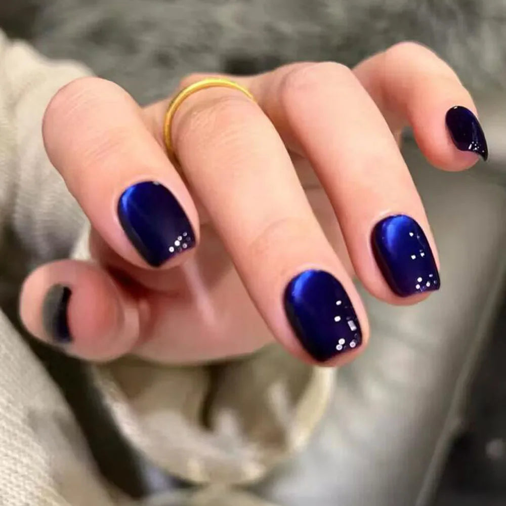 30pcs Deep Blue Cat Eye Gel Fake Nails XS/S/M Full Cover Square Short Shape Design False Nails Autumn Winter Blue Press On Nails