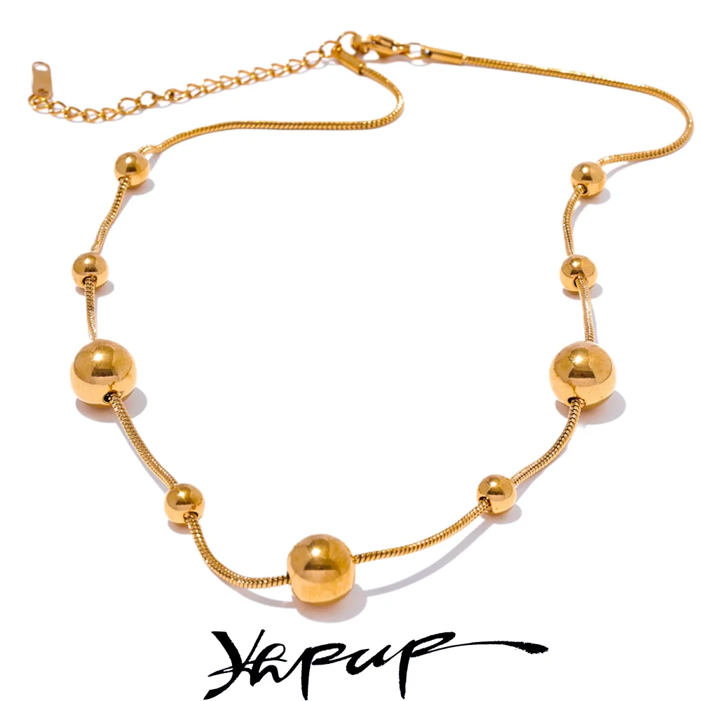 Yhpup High Quality Stainless Steel Round Beads Chain Statement Necklace for Women 18K PVD Plated Stylish Jewelry Rust Proof