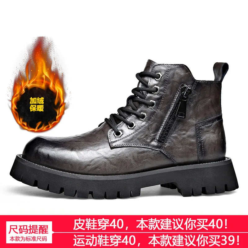 2025 autumn and winter boots men's British style versatile high top leather shoes workwear snow leather boots men's short boots