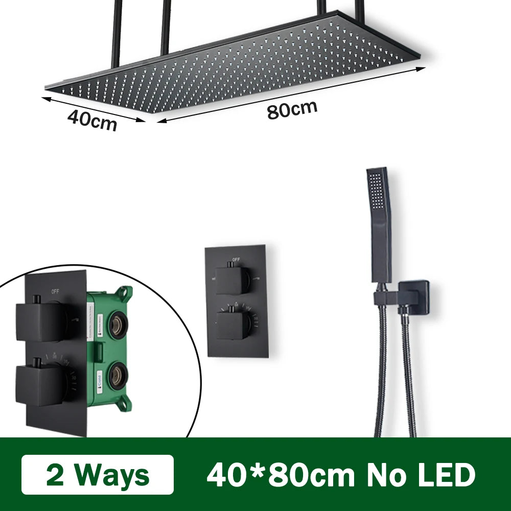 Rozin Brass Thermostatic Shower Faucet Black 40*80cm Ceiling Rainfall Shower Head Mixer Tap Concealed Install Bathroom Faucets
