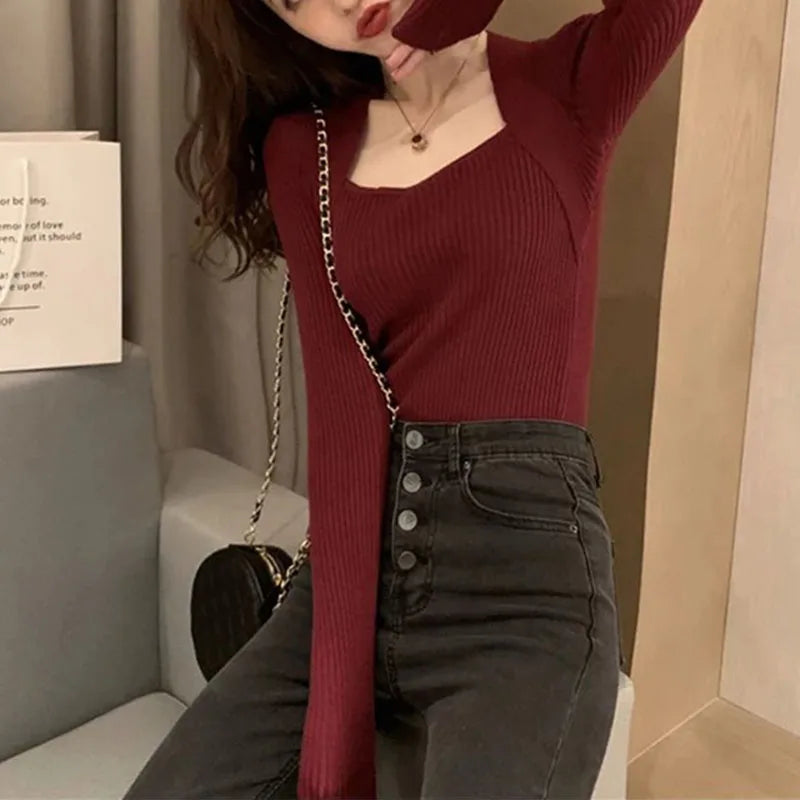 Women Pullover Sweater Autumn Long Sleeve Pullover Basic Top Fashion Elastic Female Winter Solid Knitted Jumper