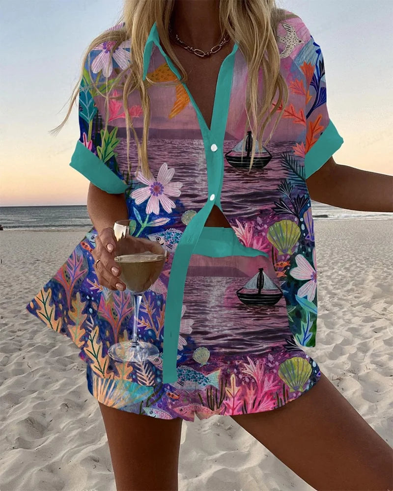 Summer Hot Style Print Beach Holiday 2-Piece Set Women Short Sleeve Shirt Top Wide Legs Short Women's Oversized Two-Piece Sets