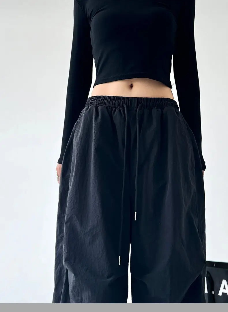 Women's Brown Parachute Pants 2026 Summer New Loose Straight Wide Leg Trousers Casual Quick Dry Cargo Pants Streetwear