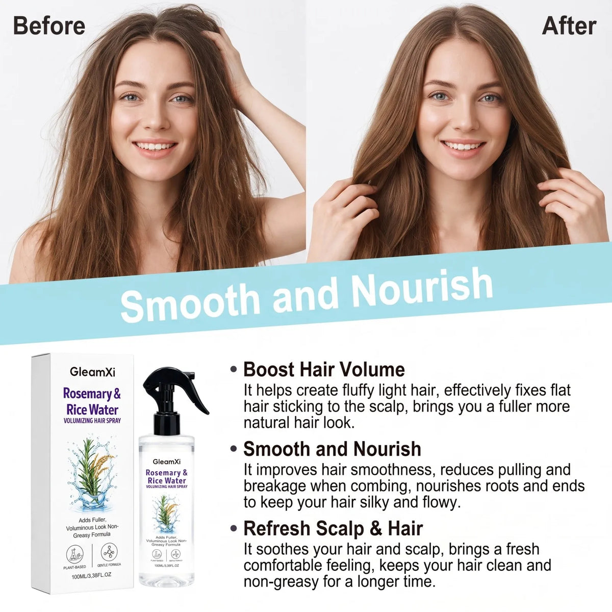 Rosemary Rice Water Volumizing Hair Spray Non Greasy Quick Absorption Smooth Nourish Flat Hair  Softer Smoother-Looking Hai