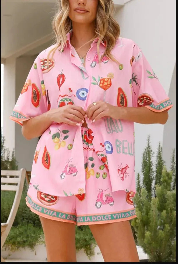 Fashion Print Beach Holiday 2 Piece Set Women Summer Short Sleeve Shirt Top Wide Legs Shorts Women's Oversize Two Piece Outfit