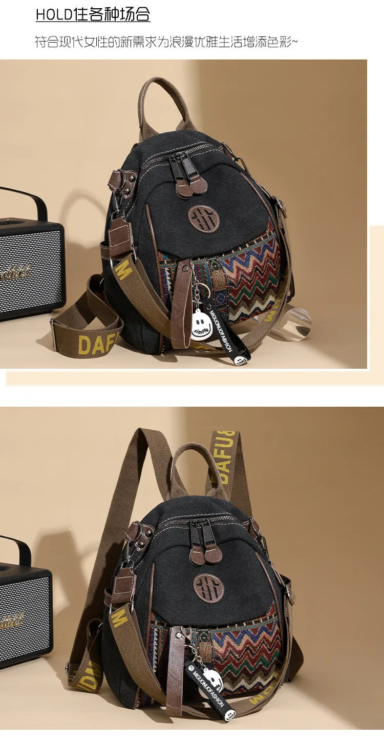 Denim ethnic style embroidered women's double shoulder bag, color-matched large capacity backpack, multi-purpose crossbody bag