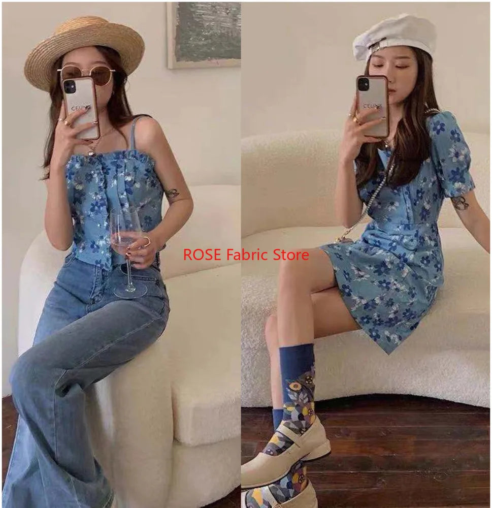 High-quality Delicate floral print denim For coats, shirts, pants, bags, DIY hand sewing, designer fabrics