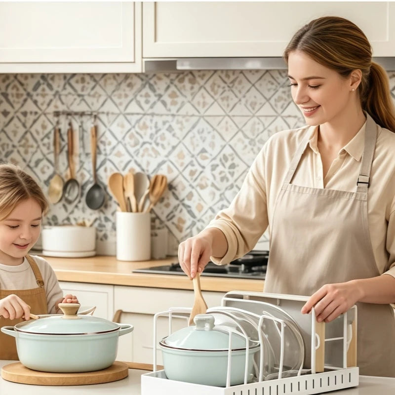 Kitchen Cabinet Pull Out Tray Organizer Adjustable Dish Rack Slide Rails Pots Pans Storage Holder