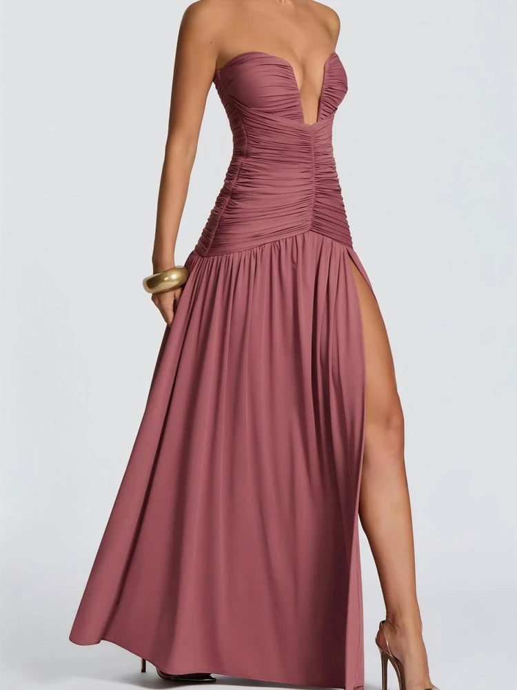 Women Elegant Deep V-neck Pleated Strapless Dress Chic Off-shoulder Backless Split Maxi Dresses 2026 Lady Evening Party Vestidos
