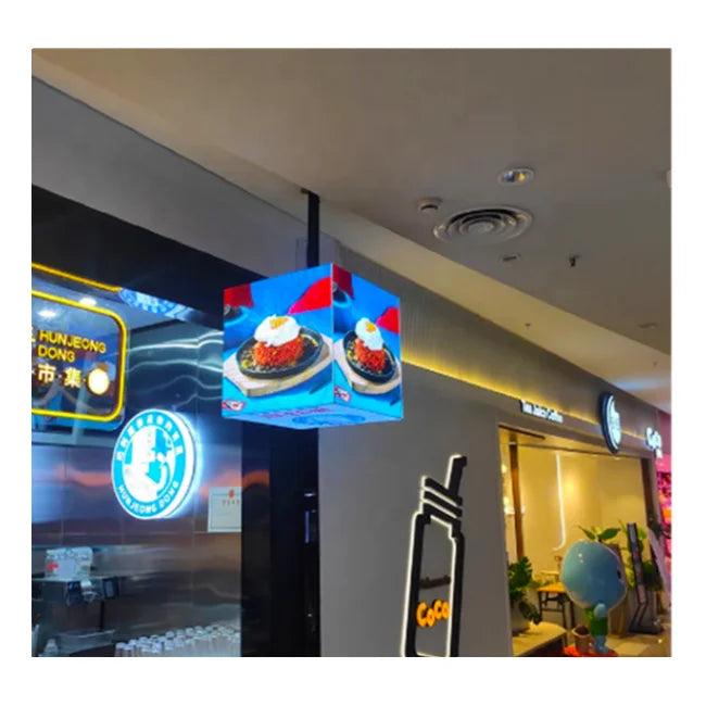 Cube Screen Indoor/Outdoor Electronic Advertising Display with  Hanging Side Seat Mounting Option
