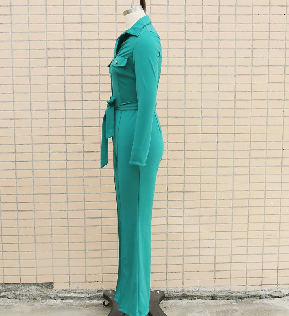 For Woman Jumpsuit High Waist Flare Leg Button Front Jumpsuits Solid Color Deep V Neck Romper Shirt Collar Long Jumpsuit