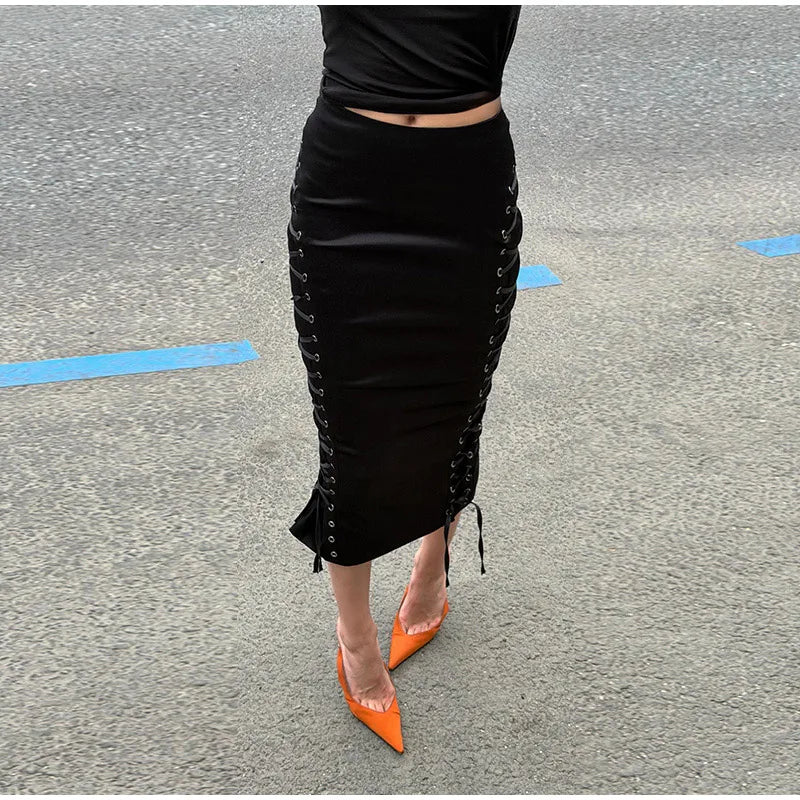 Women's Midi Skirt High Waist Side Lace‑Up Midi Skirt Bodycon Tie Adjust Hip Fitted Skirt City Date Going Out 2026 New For Women