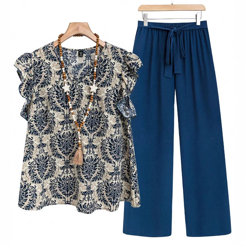 Summer Women Casual Two Piece Sets Vintage Printed Short Sleeve Loose Shirt High Waist Drawstring Pants Women Homewear