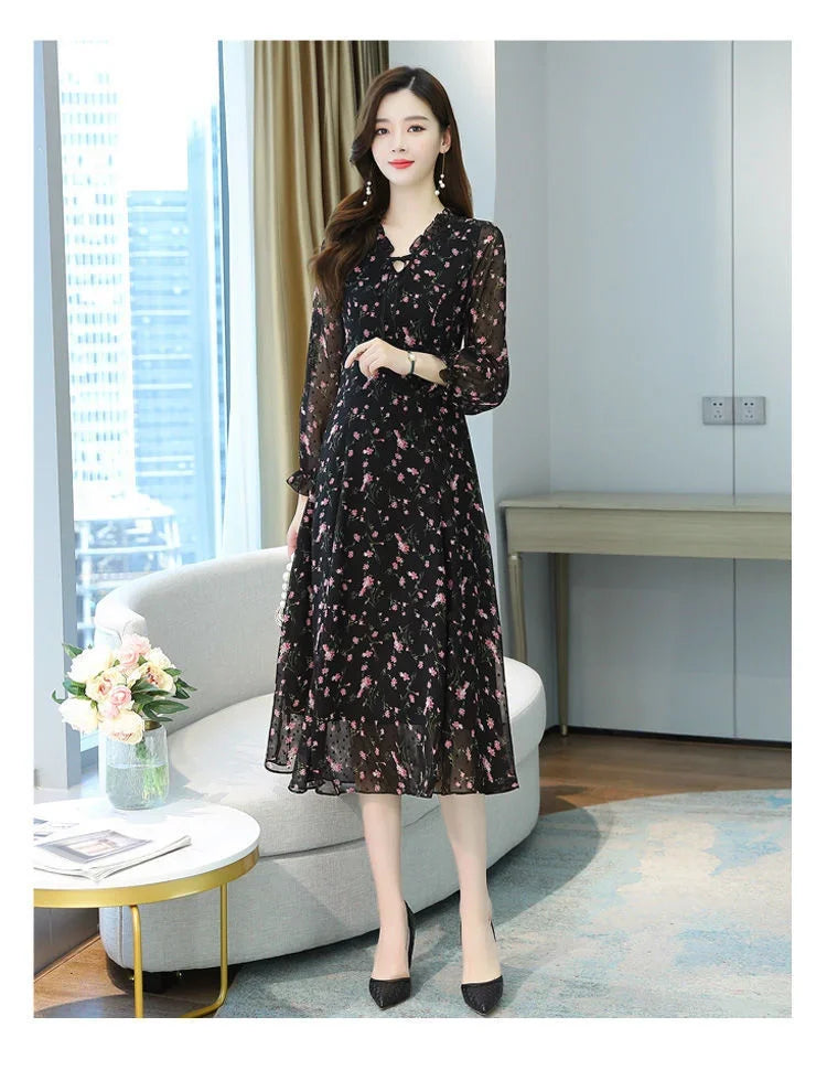 Woman Dress Summer Autumn New Long Sleeve Small Floral Chiffon Dress Dress Vestido De Mujer
