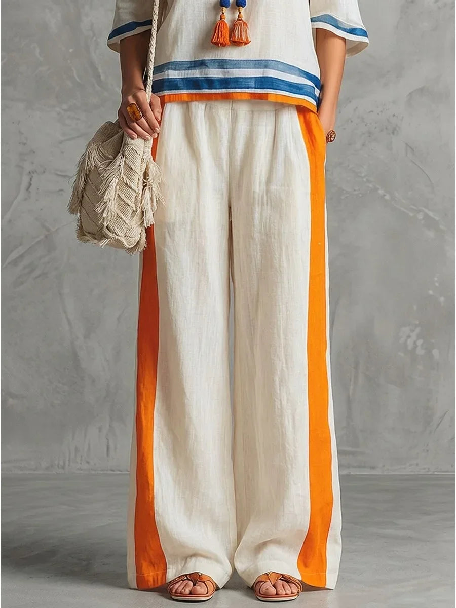 Women Boho 2 Piece Outfit Striped Trim Short Sleeve Tops Wide Leg Pants Summer Linen Casual Two Piece Set Vacation Suit
